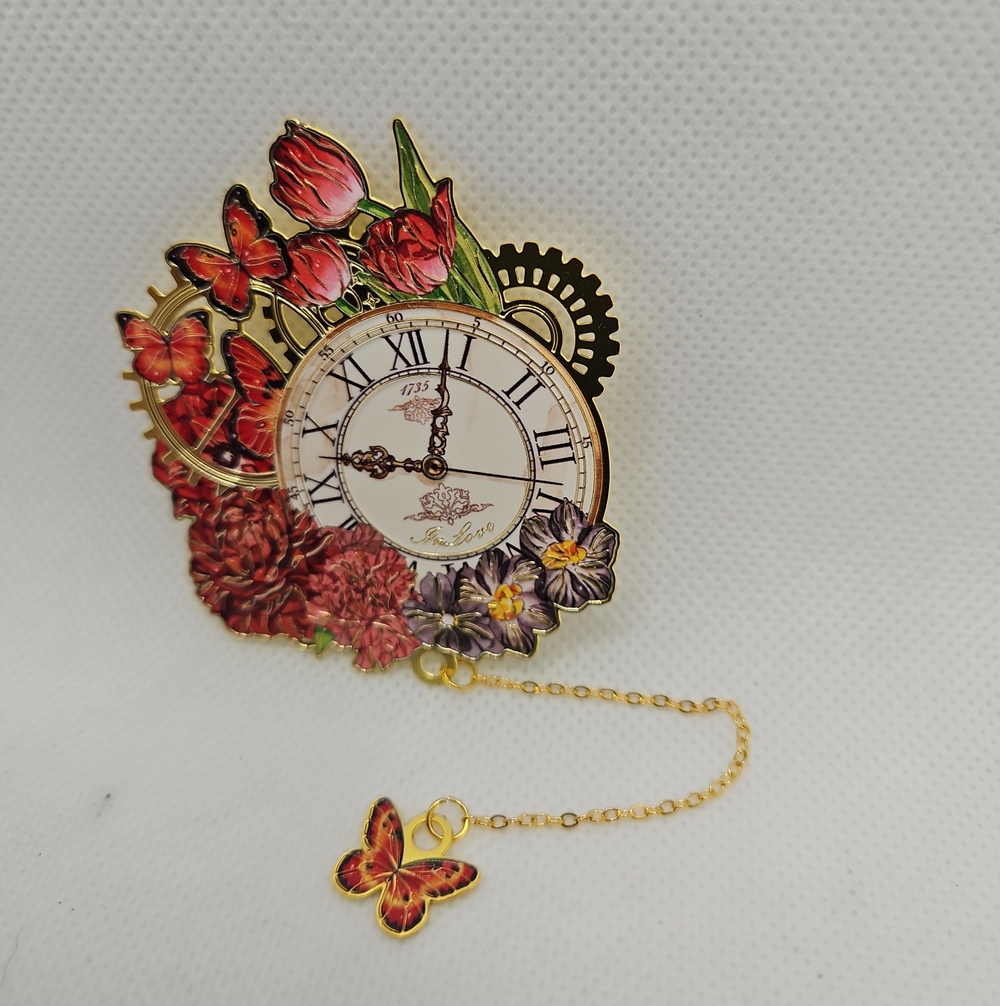 Vintage Floral Clock Enamel Bookmark with Gold Chain and Red Butterfly